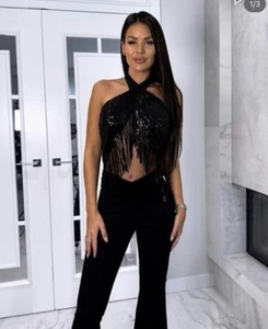 ZARA SEQUINNED HALTER JUMPSUIT WITH FRINGING BLACK FW24 SIZE Xs REF. 0387/167 - Picture 1 of 18