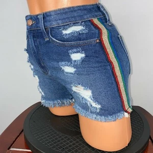 Tinseltown Juniors 1 Distressed Denim Short Rainbow Metallic Side Stripes NM2a - Foto 1 di 12