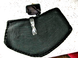 VINTAGE ART DECO WOVEN BLACK CORDE HANDBAG/PURSE-CLEAR CELLULOID HANDLE-15.5"X9" - Picture 1 of 6