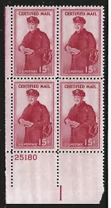 SC# FA1 15 cent Certified Mail (BL) Plate Block (4) Mint NH OG FREE USA SHIPPING - Picture 1 of 2