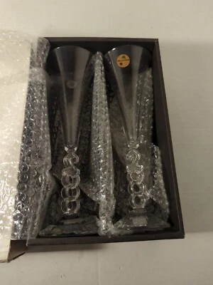 VTG NEW YEARS CHAMPAGNE FLUTE Glasses SET CHEERS FUN Millennium 2000 FRANCE - Image 1 of 4
