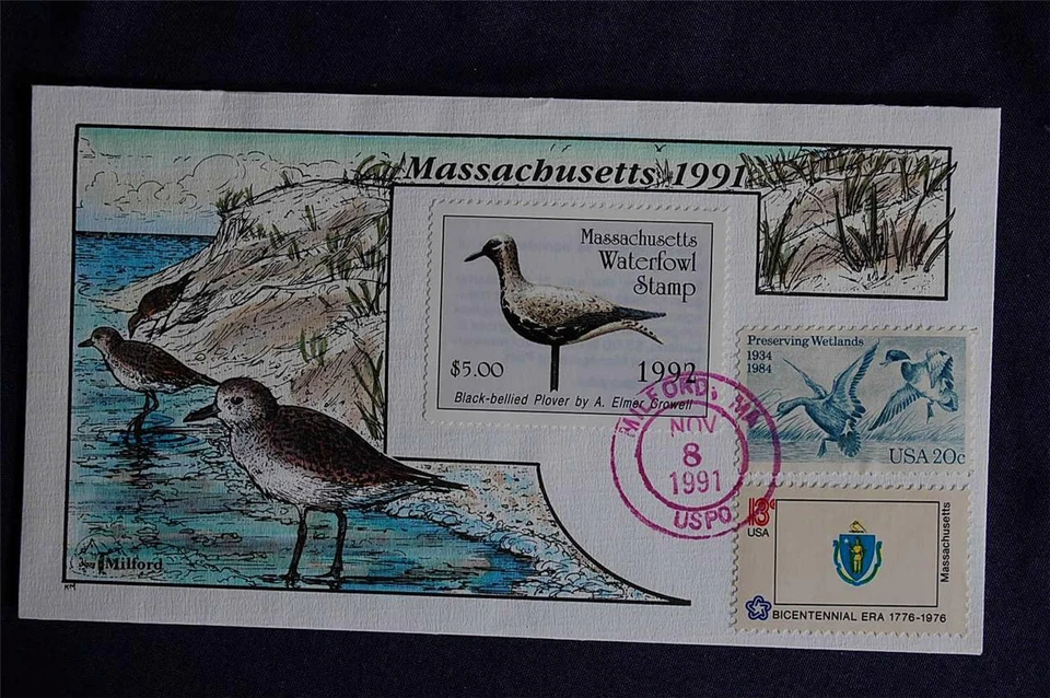 Milford Massachusetts 1991 $5 Duck Stamp FDC HP Collins Sc#MA18 W/2092, & 1638 - Image 1 of 1