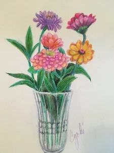 Lápiz de colores dibujo original flores de zinnia brillantes - Imagen 1 de 4