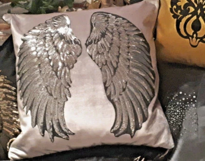 Dekokissen,Silber,Engelsflügel,Samt,Pailletten,elegant,Loft,modern,45x45cm, - Bild 1 von 4