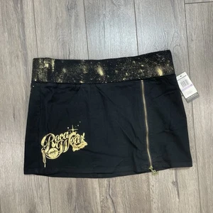 Y2K RocaWear Jean Skirt Women's Sz 11 Black Gold Bedazzled Embroidered Logo NWT - Picture 1 of 12