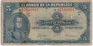 Billete Colombia 5 Pesos 1947 Muy Buen Estado Pick#386-C ¿No se ve a menudo? - Imagen 1 de 2