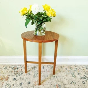 Vintage Small Teak Round Coffee Side Table Folding Bedside End Table Plant Stand - Picture 1 of 9