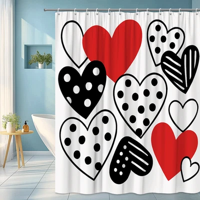 Cortina de Ducha Corazones Lindos - Diseño de Lunares Negro Blanco Rojo Foto 1 de 4