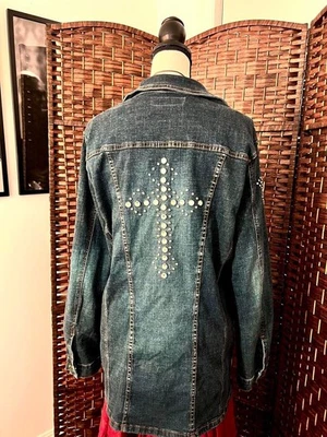 Vintage Rhinestone Cross Denim Jacket  Size XL Y2K Made in USA - Image 1 of 4