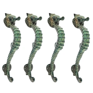 4 small aged GREEN SEAHORSE solid brass door old style PULL handle 10" seaside - Bild 1 von 4