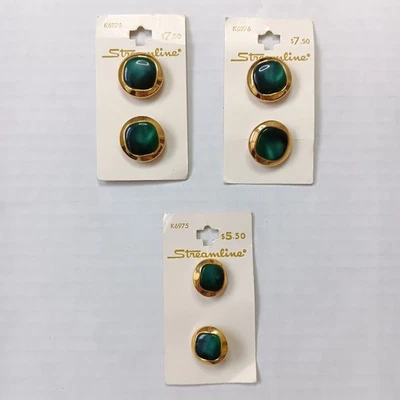 Set of 4 + 2 Streamline Green/Gold Metal/Plastic Shank Buttons 7/8" & 11/16" - Image 1 of 4