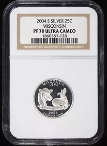 2004-S 25c Silver Proof Wisconsin WI State Quarter NGC PF 70 Ultra Cameo PR - Picture 1 of 6