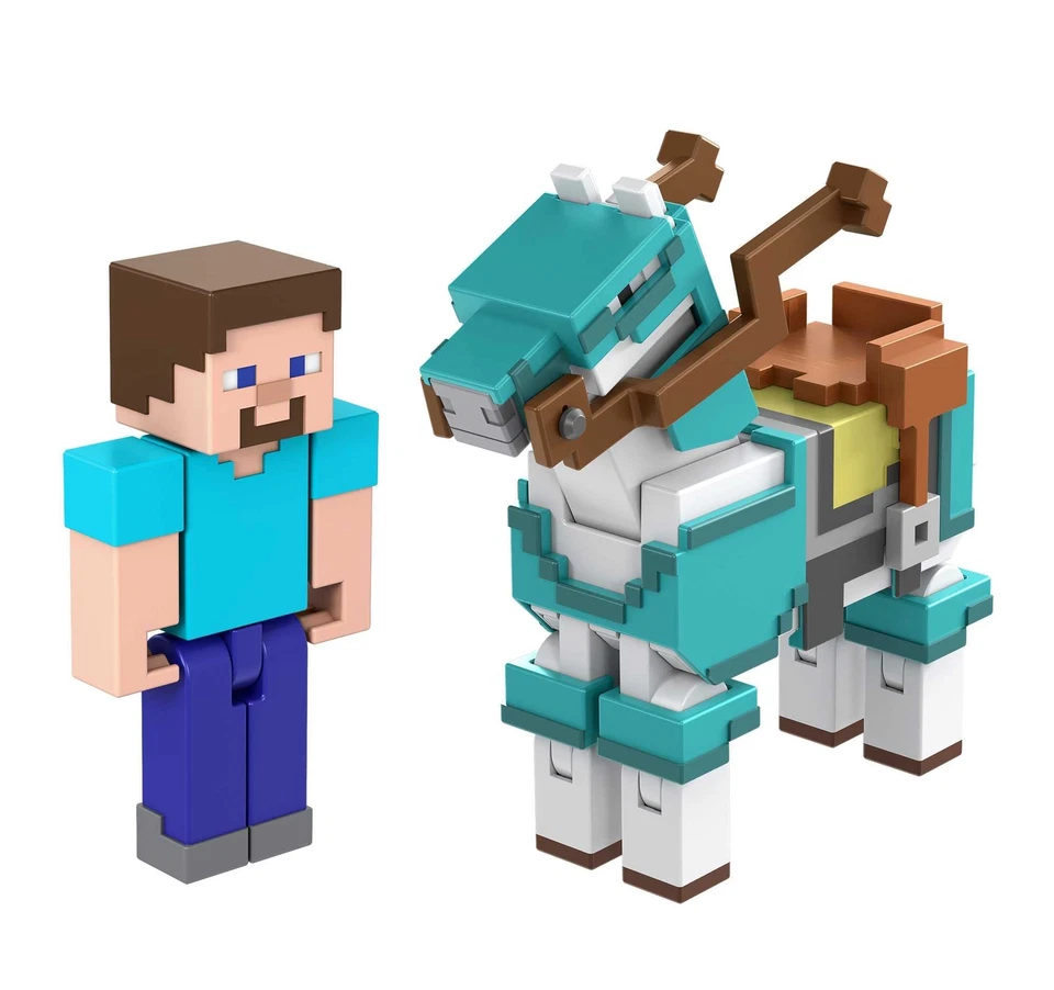 Minecraft Toys Action Figure 2-Pack HDV39 3.25-inch Steve Armoured Horse Mattel