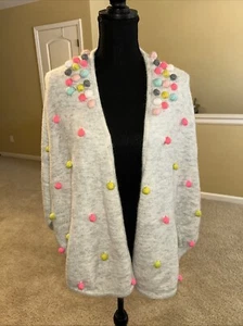 Cat & Jack Girls L/XL Gray Wrap Acrylic Sweater With Multicolor Puff Balls - Picture 1 of 5