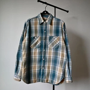Sugar Cane midi-light flannel shirt, teal blue x beige plaid, L, made in Japan - Picture 1 of 14