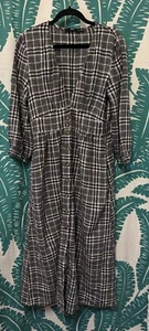 Sportsgirl 8 Midi Dress 1/2 Sleeve Black White Woven Check Plaid Linen Blend - Picture 1 of 20