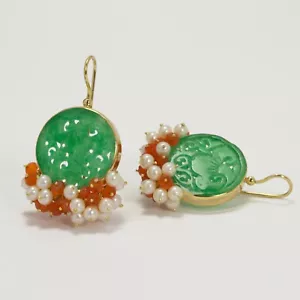 ORECCHINI IN ARGENTO 925 DORATO CON GIADA VERDE PERLE E AGATA ROSSA AGHT 0686 - Foto 1 di 3