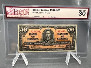 1937 Bank Of Canada $50 bank Note BCS Graded VF-20 SN# BH2592042 - Picture 1 of 5