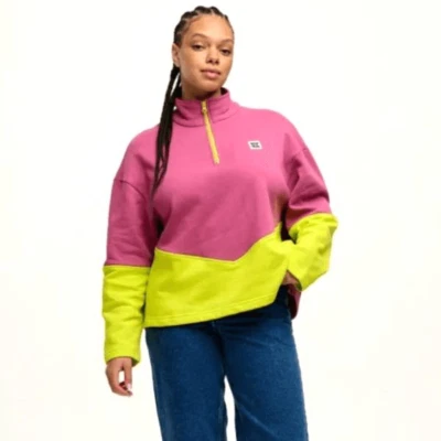 Lucy & Yak Taylor - Sudadera de algodón con media cremallera en bloque de uva y verde talla mediana Foto 1 de 4