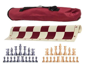 Burgundy Archer Single Weight Chess Set - Board Bag w/ Silver & Natural Pieces