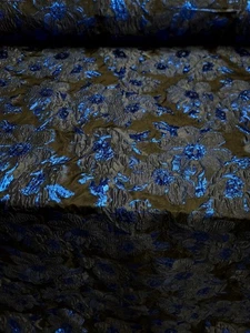 ROYAL BLUE Floral Damask Metallic Brocade Black Organza Fabric Sold By The Yard - Picture 1 of 13