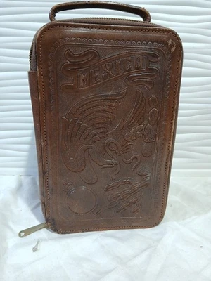 Bolso doble/estuche de tocador vintage de cuero mecanizado a mano MÉXICO Foto 1 de 4