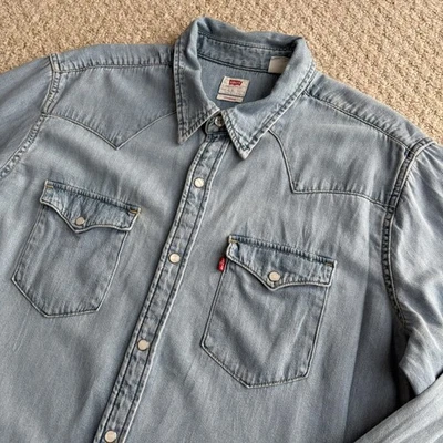 Levi's Western Denim Shirt Mens Blue Size Large Pearl Snap Button Long Sleeve - Image 1 of 4