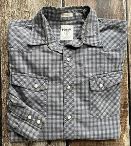 FOSSIL VINTAGE FIT PLAID SNAP SHIRT BLUE MENS SIZE MEDIUM EXCELLENT - Picture 1 of 7