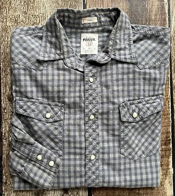 FOSSIL VINTAGE FIT PLAID SNAP SHIRT BLUE MENS SIZE MEDIUM EXCELLENT - Image 1 of 4