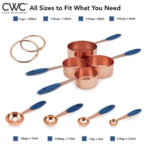 Cook with Color NAVY 8 Piece Copper Measuring Cups & Spoons Set Stainless - Picture 1 of 2