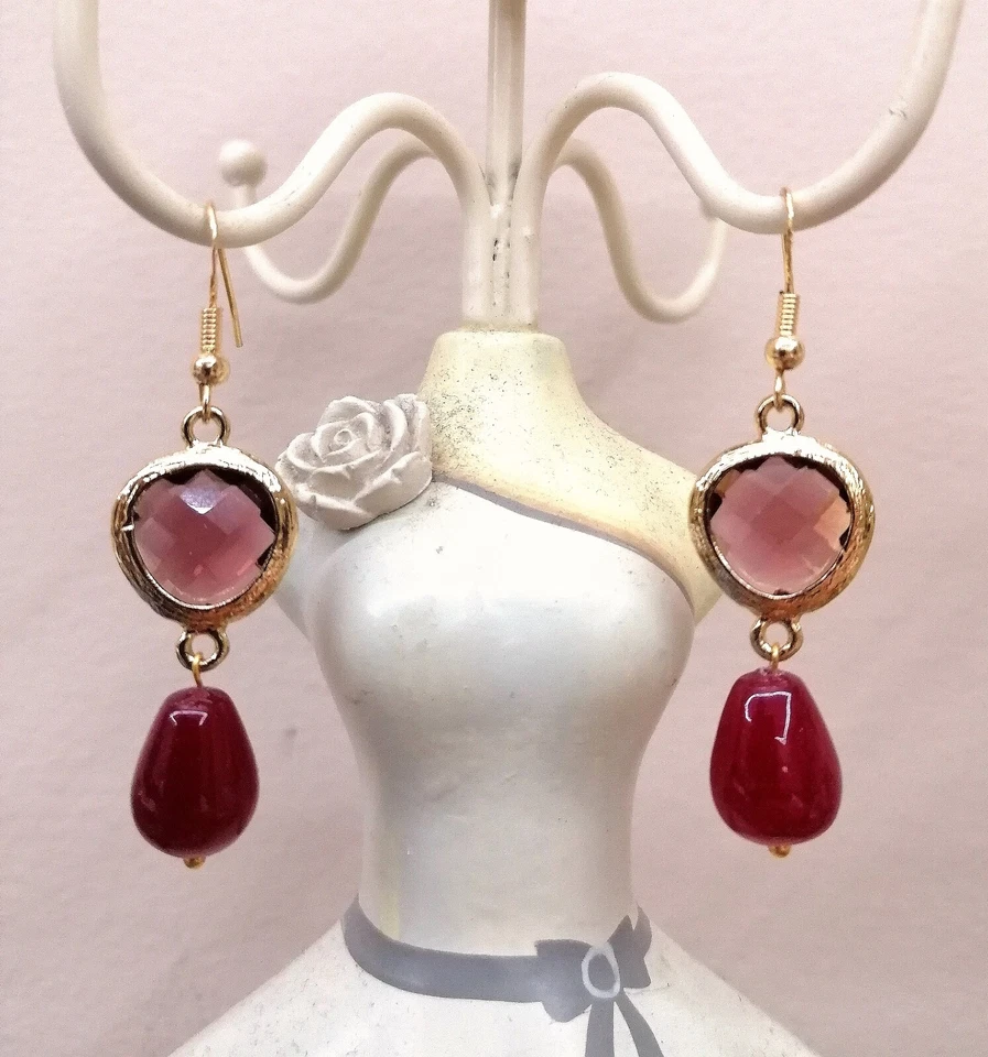 Orecchini Argento 925 Cabochon Cristallo Triangolare E goccia Calcedonio Borgogn - Immagine 1 di 1