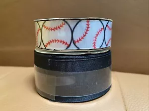 Offray Spool (2) Ribbon 1.5”x12’ yd Black 7/8”x9’ Baseball Polyester Woven - Picture 1 of 3