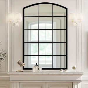 Arched Window Metal Mirror Black Large Rustic Windowpane Wall Mirror For Decor L - Picture 1 of 7