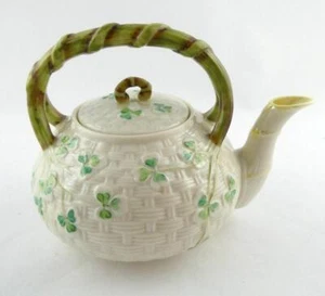 Belleek Ireland Shamrock Tea Kettle with Lid Basketweave Design - Picture 1 of 12