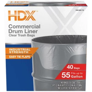55 Gal. Clear Heavy-Duty Flap Tie Drum Liner Trash Bags (40-Count) - Picture 1 of 9