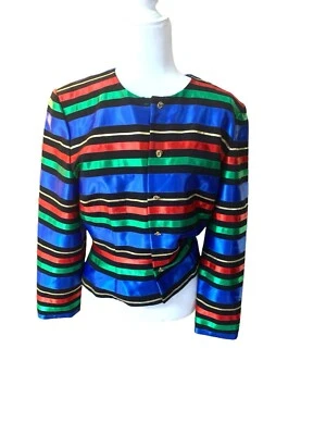Chaqueta Maggie London De Colección Negra Satén Arco Iris Cinta Rayas Talla 10 Salir X Foto 1 de 4