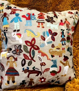 100% Beige Linen Multi-Color Embroidered 18 X 18" Pillow Down Feather Insert  - Picture 1 of 9