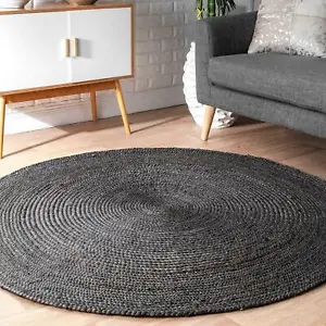 Rug Black Round Natural Jute Hand Braided 100% Farmhouse Area Rug Living Room - Picture 1 of 8