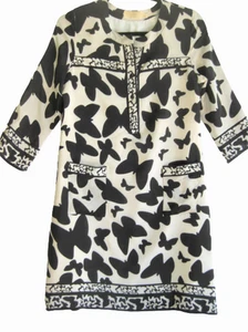 Fashion Half Button Silk Shirt Dress Ivory& Black 3/4 Slv Pocket Lining Size L - Bild 1 von 12