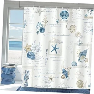 Nautical Shower Curtain, Coastal Beach Seashell Starfish Seahorse Retro Stamp - Picture 1 of 8
