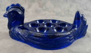 COBALT BLUE GLASS HEN CHICKEN 7-CUP DEVILED EGG HOLDER DISH - Picture 1 of 3