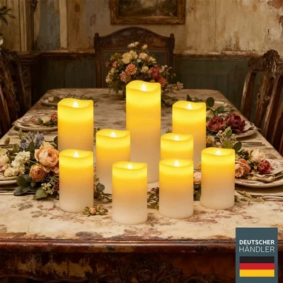9 Stk Flammenlose Flackernde LED Echtwachs-Stumpenkerzen mit Timer Fernbedienung - Bild 1 von 4