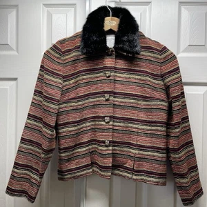 Chaqueta vintage Koret para mujer a rayas desmontable negra cuello de piel sintética talla 10P - Imagen 1 de 11