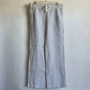 Athleta Womens Striped Linen Wide-Leg Pants Size 8 White/Gray Drawstring Waist - Picture 1 of 9