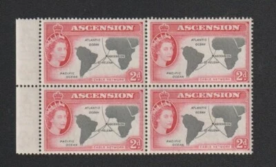 Gb. Red de cable Ascension 1956 2d QEII negro rojo carmín bloque de 4 MNH SG 60 Foto 1 de 2