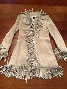 NEIMAN MARCUS Exclusive Tan Suede FRINGE Western Slimming JACKET WOMENS coat M - Picture 1 of 12