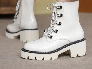 Womens Lace Up Ankle Boots Ladies Combat Platform Biker Military Shoes Size 4-10 - Picture 1 of 9