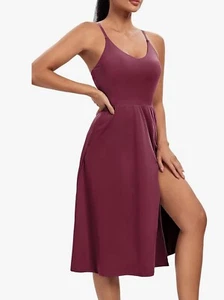 NWT~ Ewedoos Sz L Athletic Dress Built in Shorts Bra Sport Tennis Dance Burgundy - Picture 1 of 8