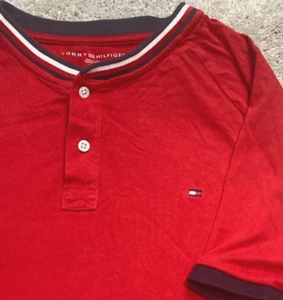 Tommy Hilfiger Henley Shirt Men's Large Red Logo Preppy Everyday Casual - Picture 1 of 9