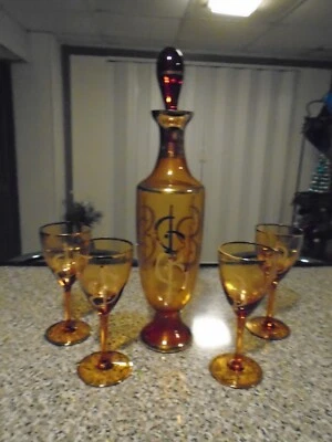 Vintage Original 1920 Amber Monogrammed Decanter Set with (4) wine glasses - Image 1 of 4
